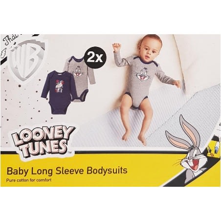 Soft Cotton Looney Tunes Navy Blue And Grey Long Sleeve Bodysuits - Set Of 2