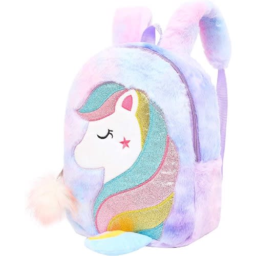 Girls Plush Unicorn Backpack - Purple