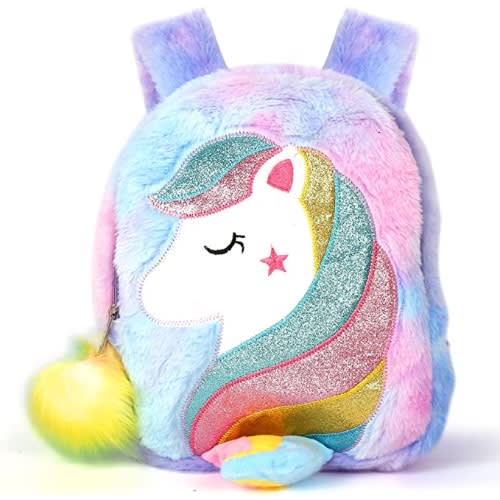 Girls Plush Unicorn Backpack - Purple