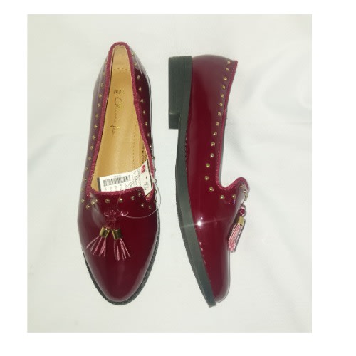 Patent Leather Edge Studded Flat Loafers - Wine