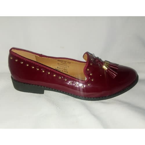 Patent Leather Edge Studded Flat Loafers - Wine