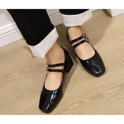 Double Straps Mid Heel Office Shoe - Black