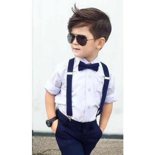 Kids Unisex Dress Shirt With Matching Bowtie And Suspender - White / Navy Blue