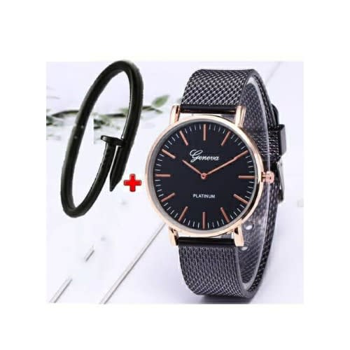 Modern Strap Watch & Nail Bracelet - 2 In 1 - Black