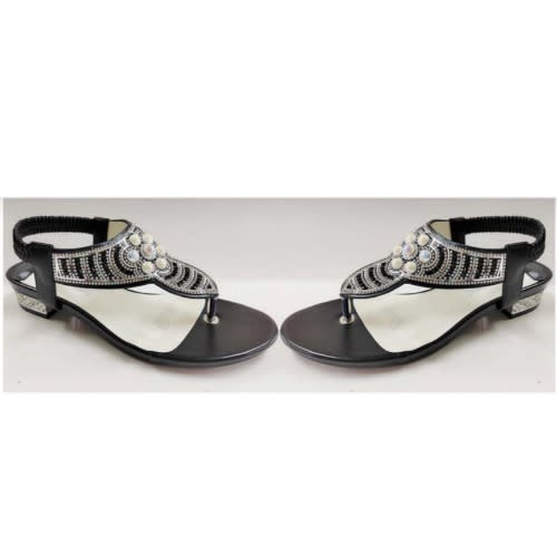 Pearl Detail Thong Leather Black Sandal