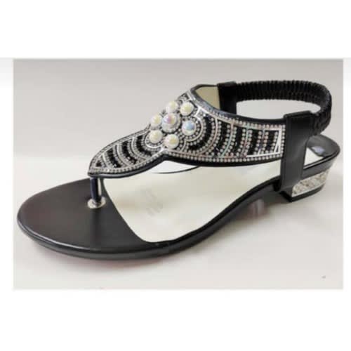 Pearl Detail Thong Leather Black Sandal