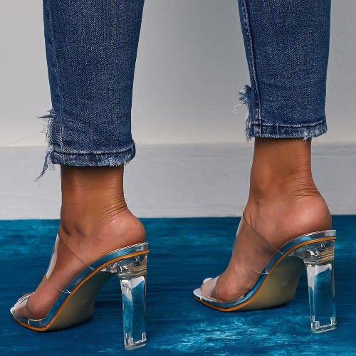 Women Transparent Mule Slippers High Heel- Transparent White