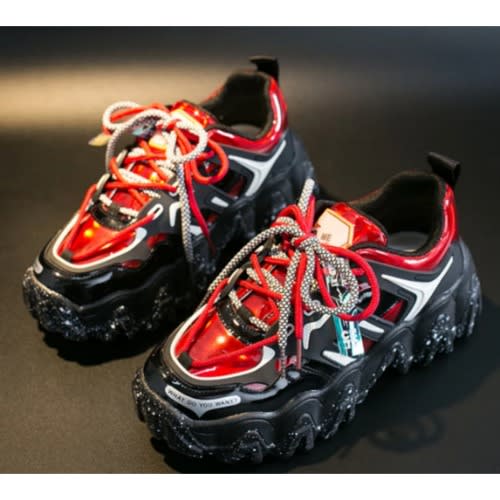 Ladies Lace-Up Front Chunky Sole Sneakers - Black And Red