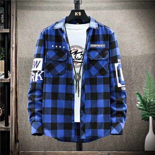 Men's Long Sleeved Plaid Shirt - Check Flannel - Blue