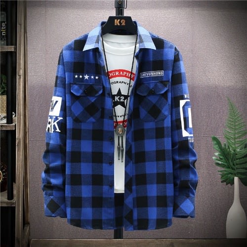 Men's Long Sleeved Plaid Shirt - Check Flannel - Blue