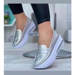 Ladies Round Toe Sneakers - Silver