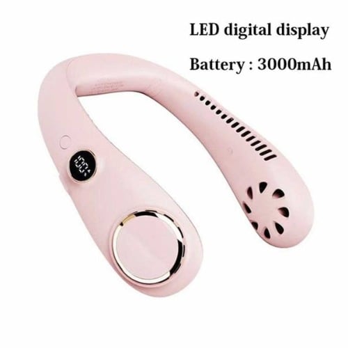 Rechargeable Digital Display Hanging Neck Fan –Pink