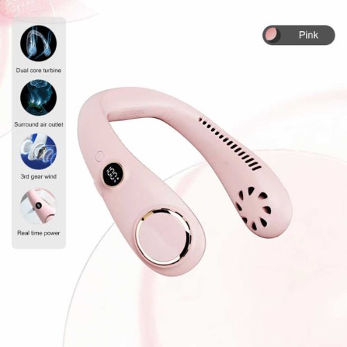 Rechargeable Digital Display Hanging Neck Fan –Pink