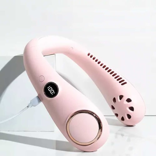 Rechargeable Digital Display Hanging Neck Fan –Pink