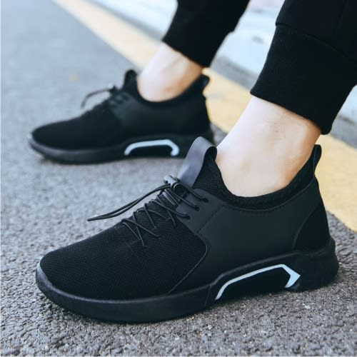 Men's Lace-up Flat Sneakers Shoes - Black.