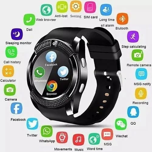 V8 Smart Watches With Camera & Sim Card Slot - Black