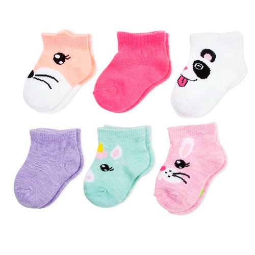 Newborn Baby Girl Animal Big Face Shorty Socks - 6 Pairs