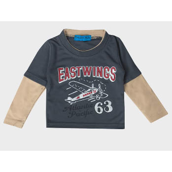 Boys Mock Long Sleeve Aeroplane Print T-shirt - Dark Grey
