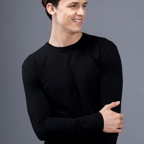 Long Sleeve Plain Round Neck T-Shirt - Black