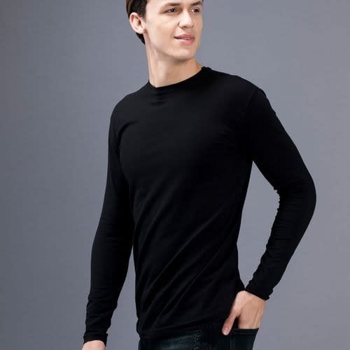 Long Sleeve Plain Round Neck T-Shirt - Black