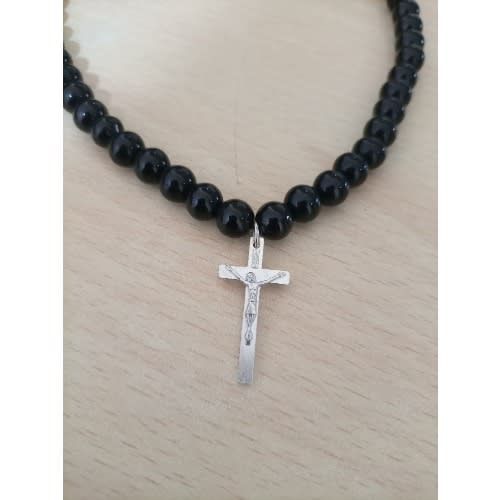 Unisex Elastic Stone Cross Bead Choker Neckpiece - Black
