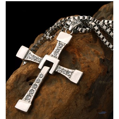 Unisex Rhinestone Bold Cross Pendant Necklace - Silver