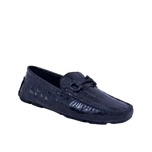 Croc Detailed Leather Italian Loafer - Black - Msh-3723