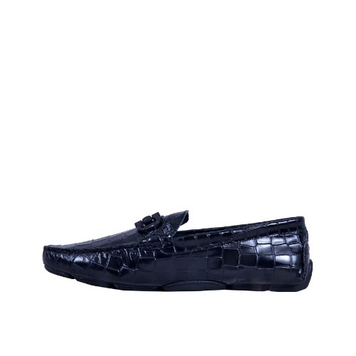 Croc Detailed Leather Italian Loafer - Black - Msh-3723