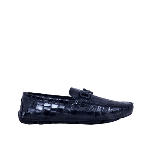 Croc Detailed Leather Italian Loafer - Black - Msh-3723