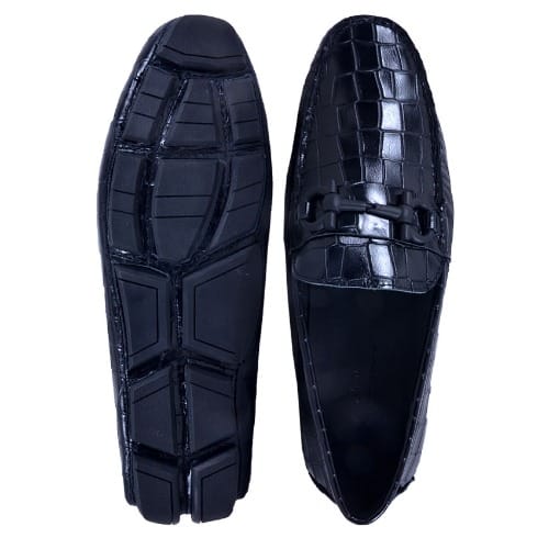 Croc Detailed Leather Italian Loafer - Black - Msh-3723