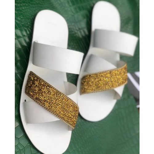 Male  Leather Slippers -White