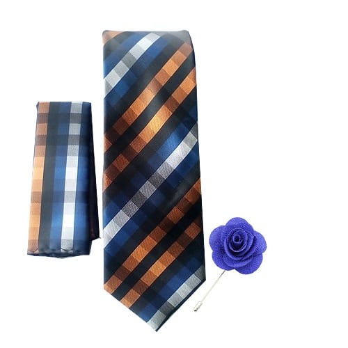 Men's Checkered Tie With Pocket Square And Lapel Pin