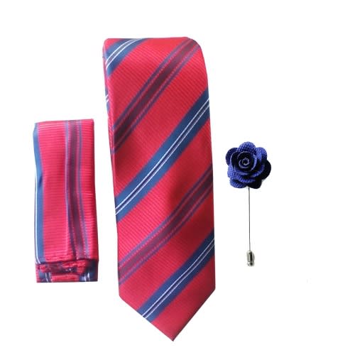 Men's Red Blue Striped Tie With Lapel Pin And Pocket Square