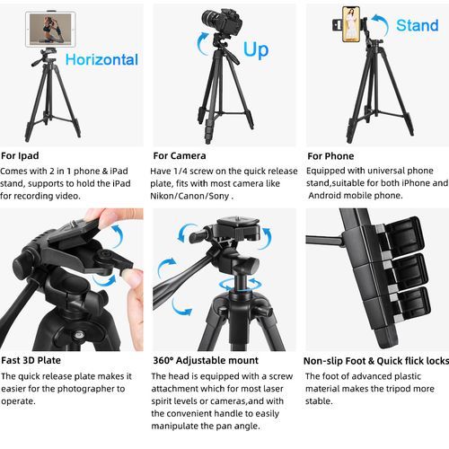 Camera Tripod For IPad Pro & Mobile Phone 150cm Alloy Tripod Stand Lightweight Bluetooth Remote & Tablet Holder For E-Book