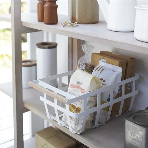 1 Pc Kitchen Iron Basket White Vegetable Wooden Handle Drainer Storage Case Holder Container For Hotel Home Restaurant