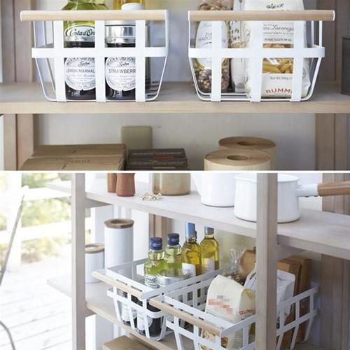 1 Pc Kitchen Iron Basket White Vegetable Wooden Handle Drainer Storage Case Holder Container For Hotel Home Restaurant