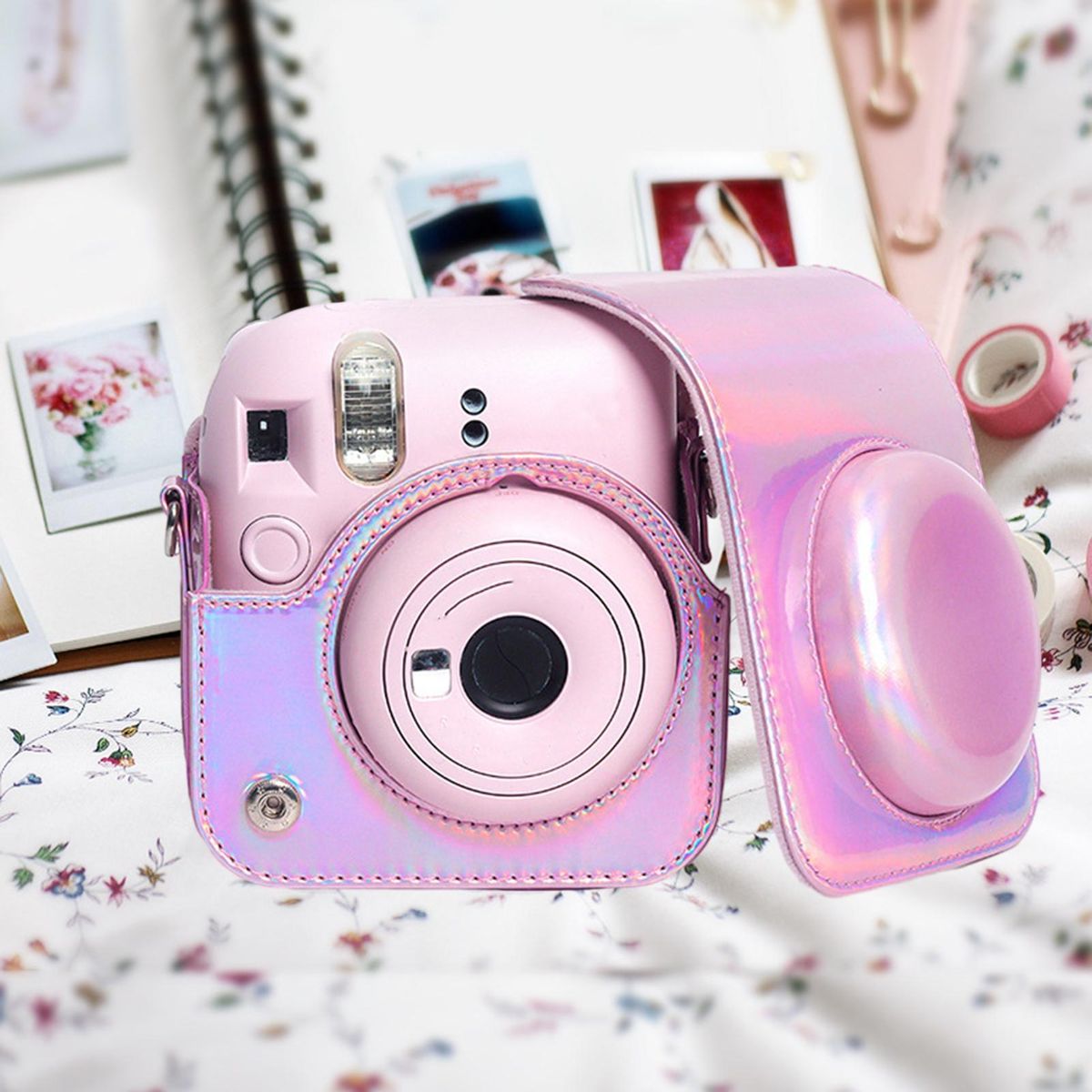 Premium Faux Leather Camera Bag for Polaroid Instax Mini 12 Shockproof Pink
