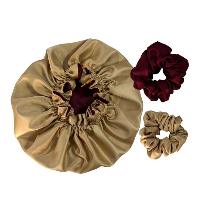 Reversible Satin Bonnet And Scrunchie Gift Set - Burgundy And Gold