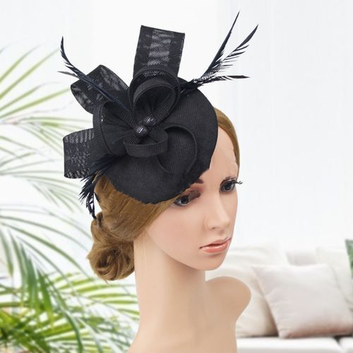Faux Feather Fascinator Hat Net Yarn Hat Shape Bow-Black