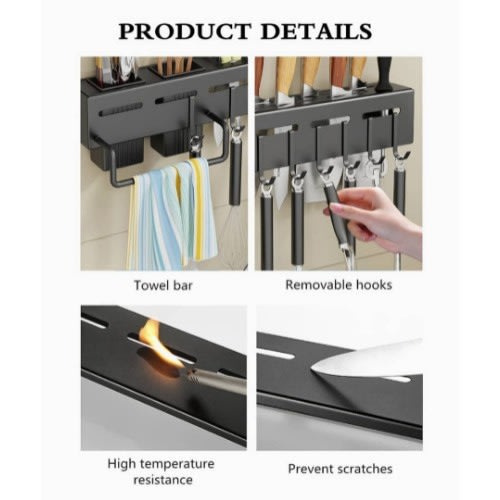 Wall Mounted Knife Cutlery Holder Kitchen Rack With Hooks