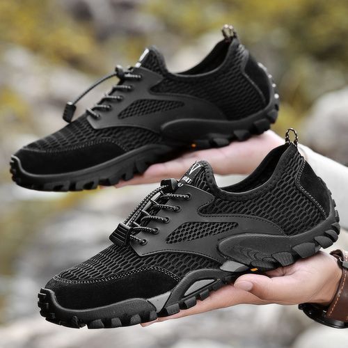 Summer Breathable Men Hiking Shoes Big Size 38-46 Suede+Mesh Outdoor Men Sneakers Climbing Shoes Men Sport Shoes Quick-dry Water Shoes Black