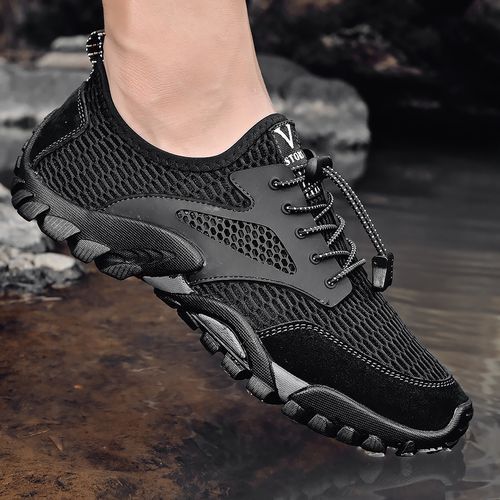 Summer Breathable Men Hiking Shoes Big Size 38-46 Suede+Mesh Outdoor Men Sneakers Climbing Shoes Men Sport Shoes Quick-dry Water Shoes Black