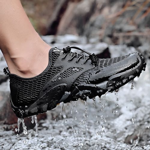 Summer Breathable Men Hiking Shoes Big Size 38-46 Suede+Mesh Outdoor Men Sneakers Climbing Shoes Men Sport Shoes Quick-dry Water Shoes Black