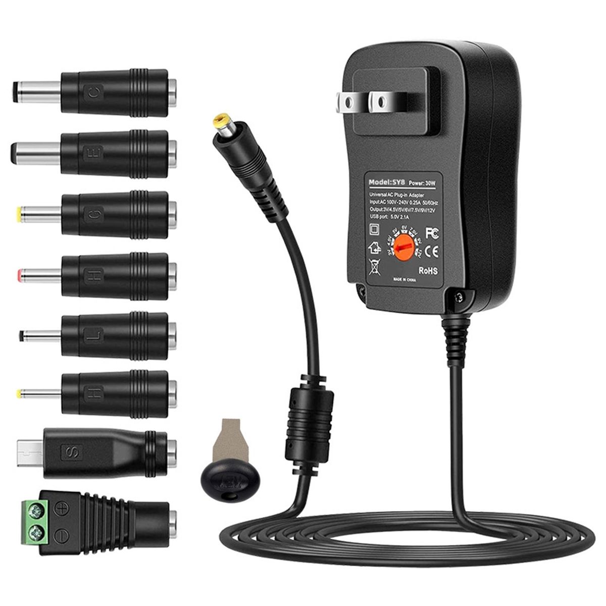 30W Universal AC to DC Power Supply Adapter with 5V 2.1A USB Port, AC Plug-in Power Charger 3V to 12V Adjustable Output Voltage with 8 DC Adapter Tips for Household Electronics