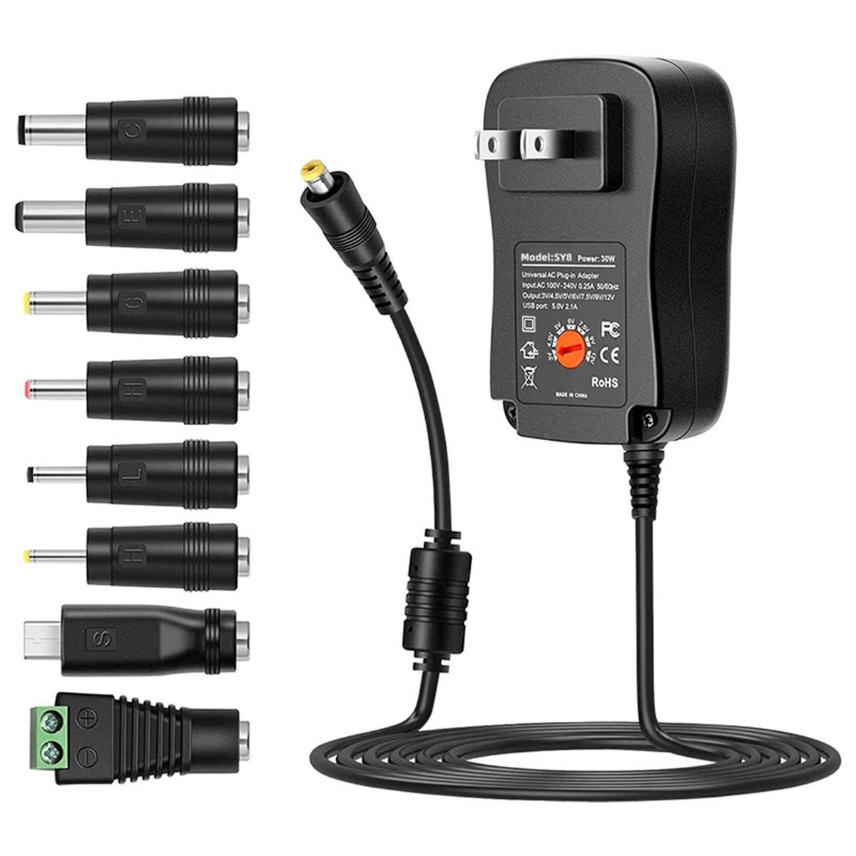 30W Universal AC to DC Power Supply Adapter with 5V 2.1A USB Port, AC Plug-in Power Charger 3V to 12V Adjustable Output Voltage with 8 DC Adapter Tips for Household Electronics
