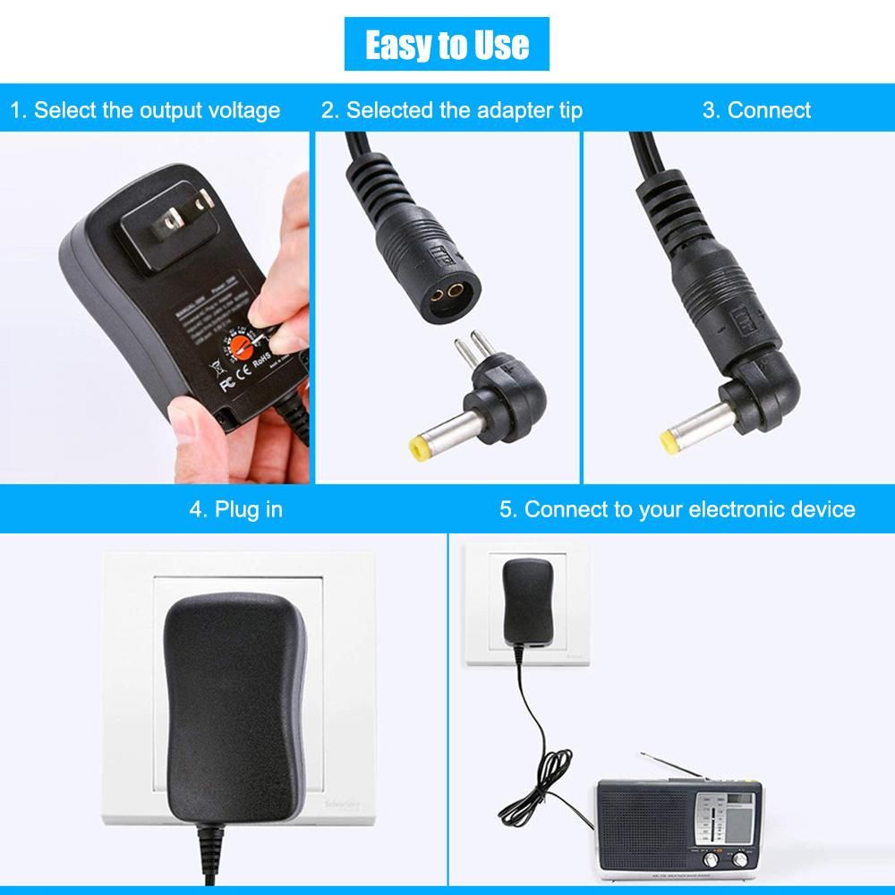 30W Universal AC to DC Power Supply Adapter with 5V 2.1A USB Port, AC Plug-in Power Charger 3V to 12V Adjustable Output Voltage with 8 DC Adapter Tips for Household Electronics