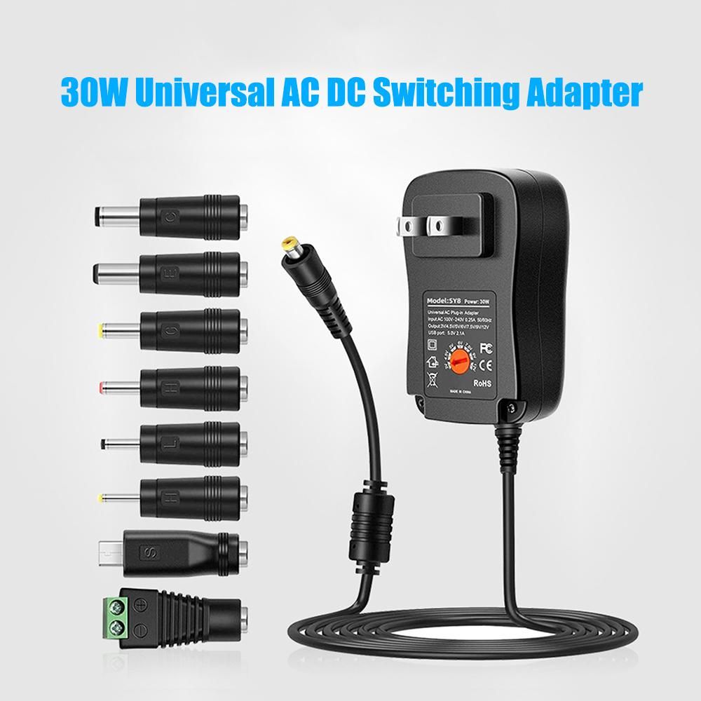 30W Universal AC to DC Power Supply Adapter with 5V 2.1A USB Port, AC Plug-in Power Charger 3V to 12V Adjustable Output Voltage with 8 DC Adapter Tips for Household Electronics