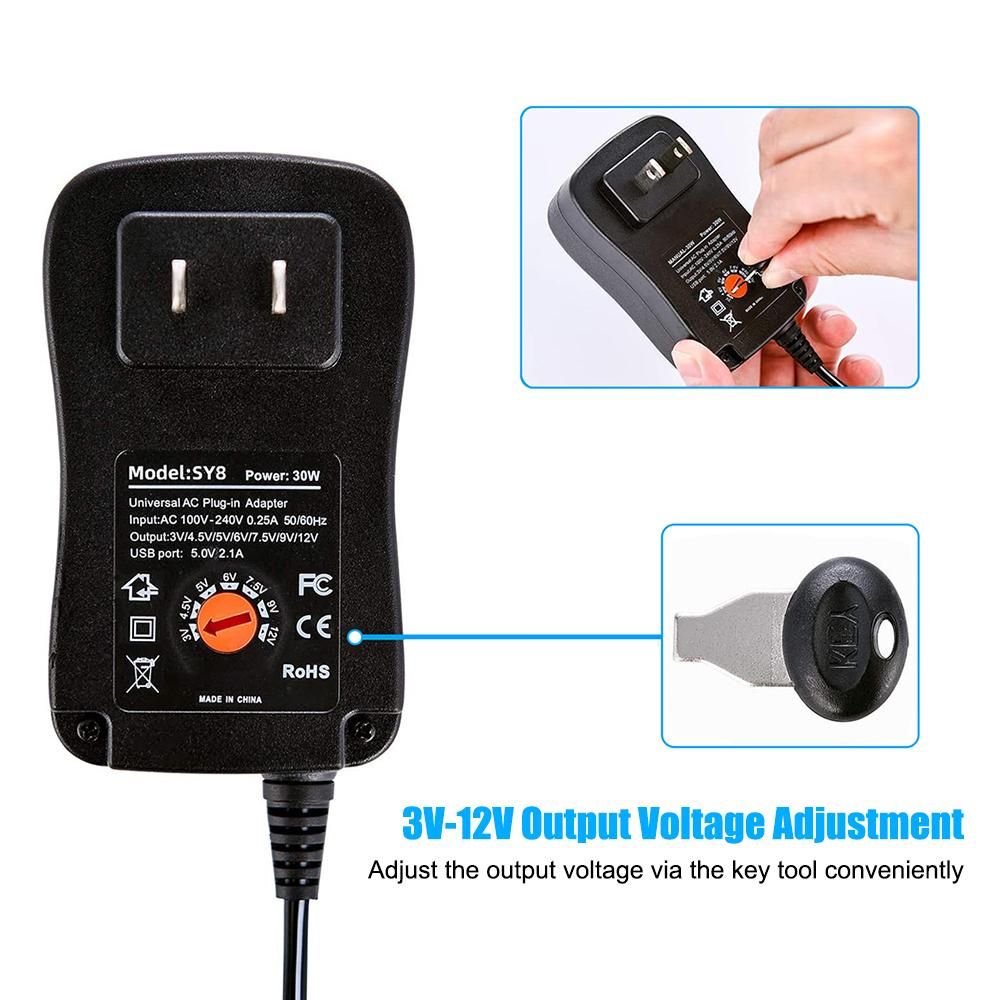 30W Universal AC to DC Power Supply Adapter with 5V 2.1A USB Port, AC Plug-in Power Charger 3V to 12V Adjustable Output Voltage with 8 DC Adapter Tips for Household Electronics