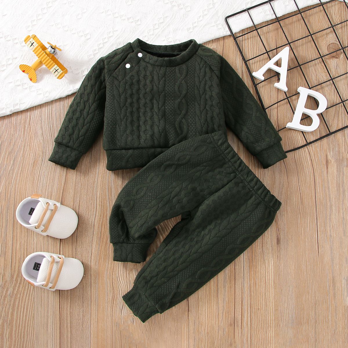 Baby Boys Autumn Winter Twist Kniting Long Sleeves Sweatsuit -Green