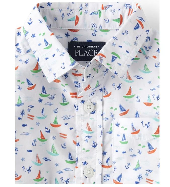 Toddler Boy's Short Sleeve Sailboat Poplin Button Up  Wooven Shirt - White